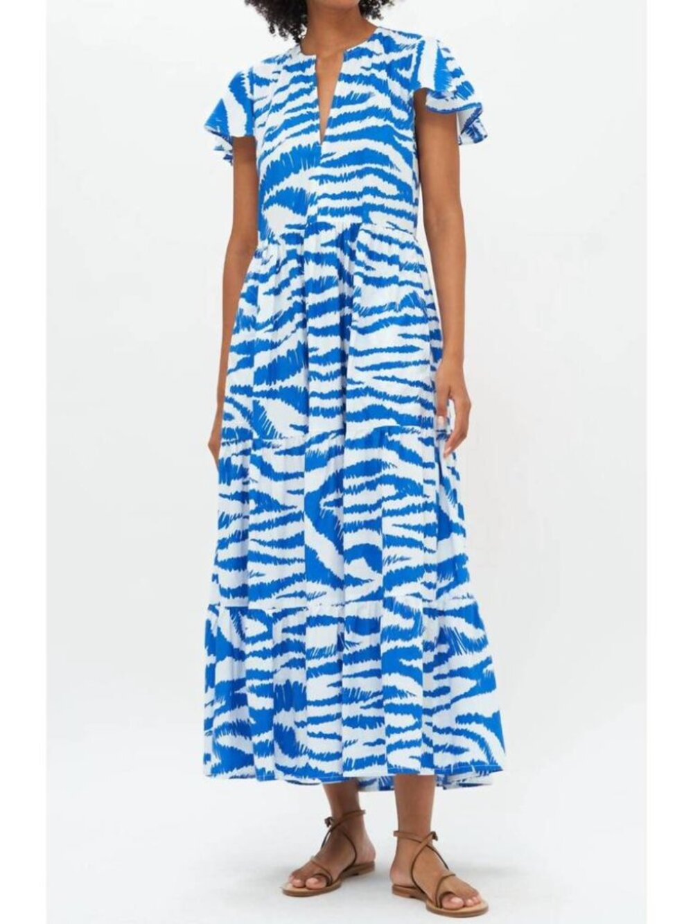 OLIPHANT Dipsy V-neck Maxi Dress in Blue Singita Tiered Flutter Sleeves Medium